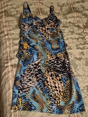 Signature by Sangria Blue Black Yellow Print Midi Dress